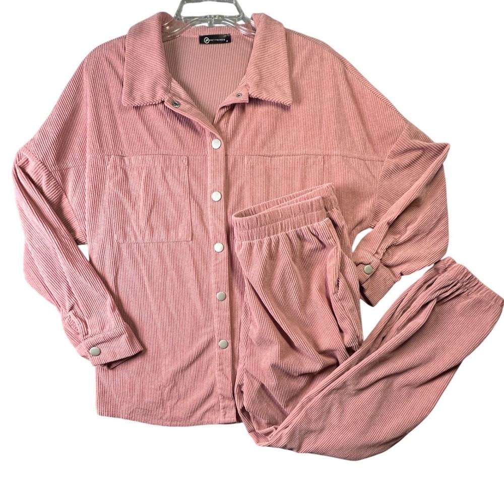 PRETTYGARDEN Corduroy 2 Piece Set Shacket Joggers Mauve Pink Casual Medium M‎